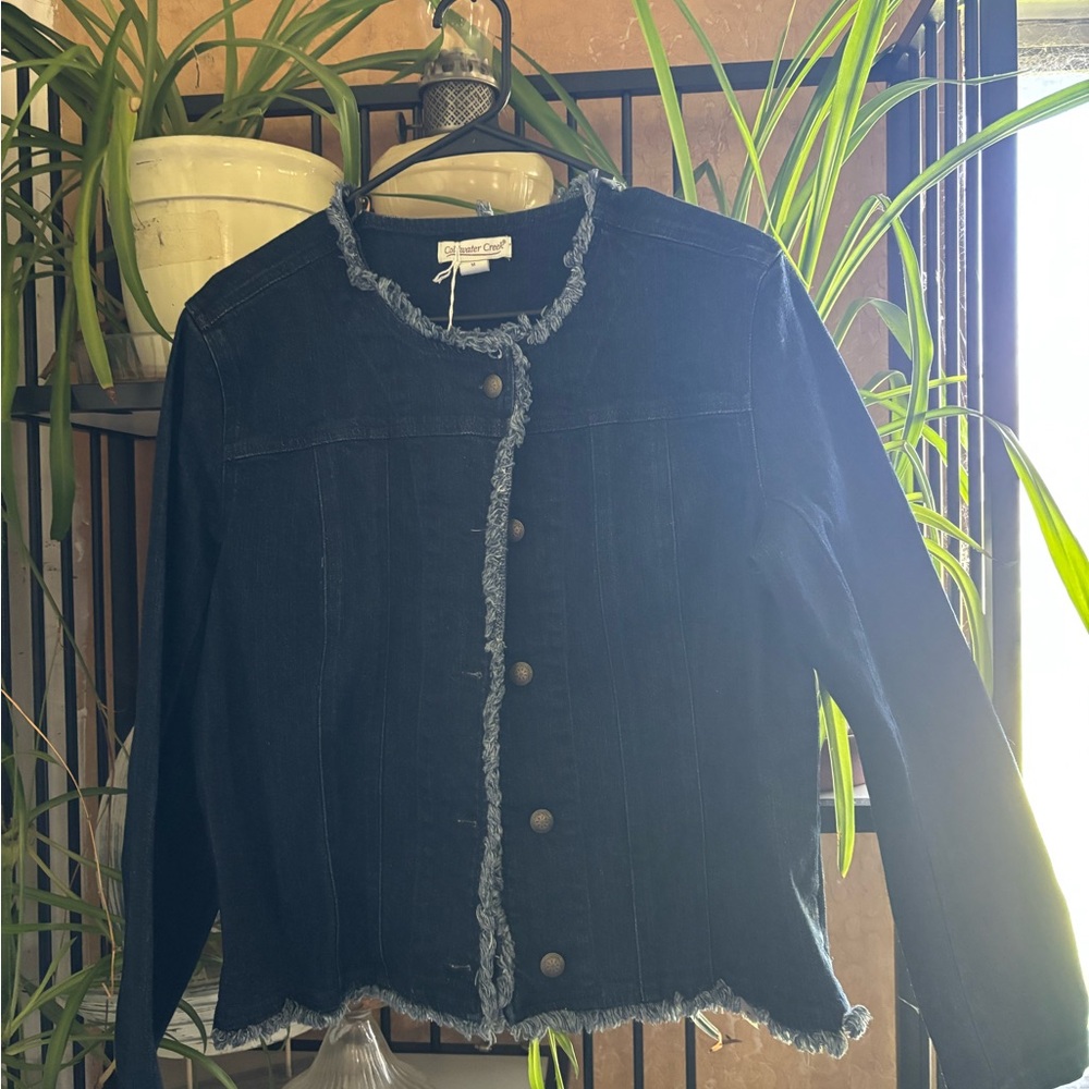 Coldwater Creek Navy Denim Jacket with Distressed Trim